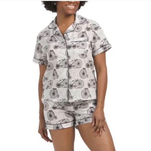 NWT CRAFTED BY MAHOGANY Cream/Black 2pc Cotton Bicycle Shorty Pajama Set - Picture 1 of 5